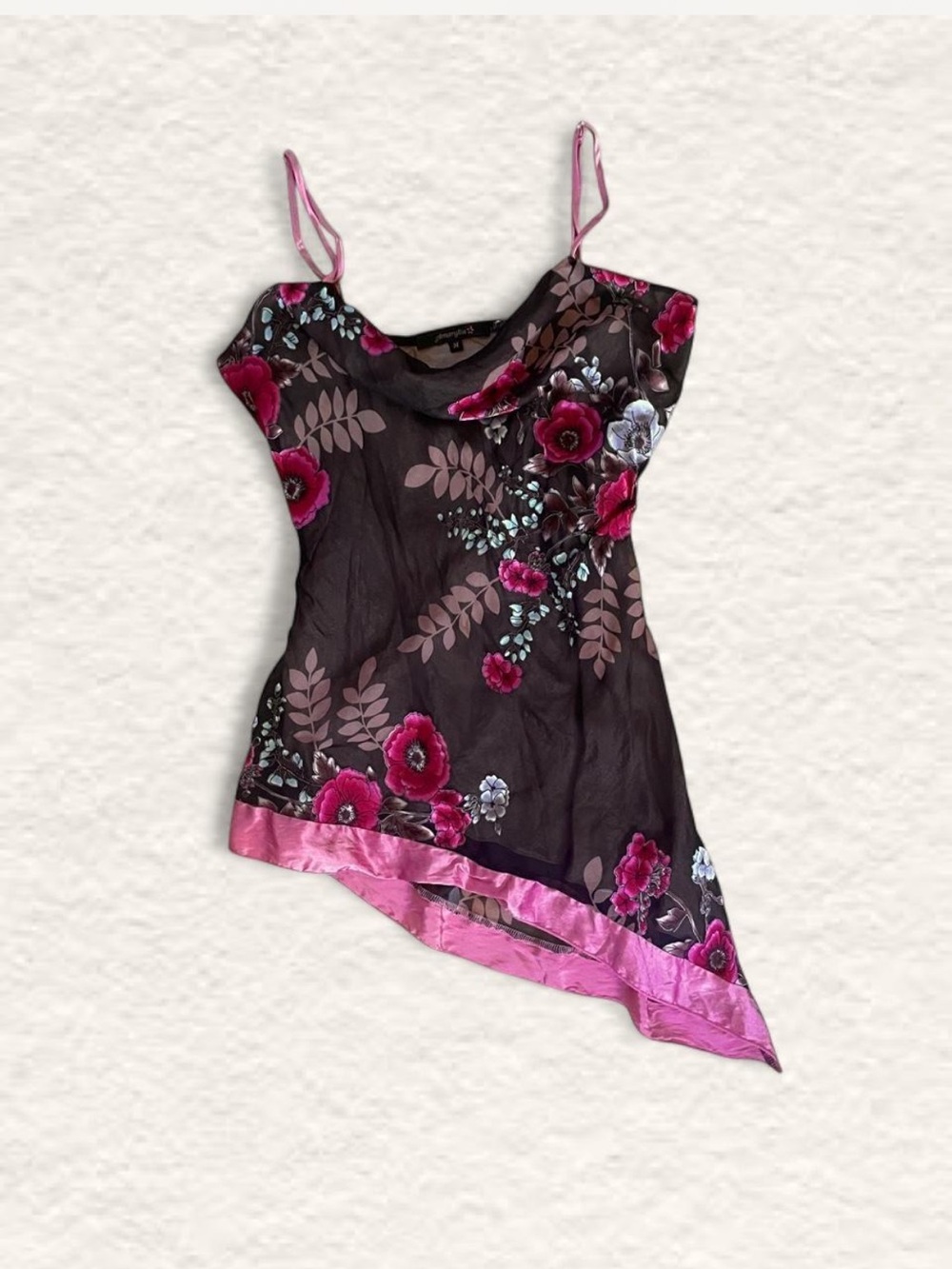 Vintage Amaryllis 100% Silk Mesh Cowl Neck Camisole Top Y2K Asymmetric Pink Sati